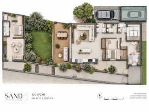 תוכנית מכר והעמדה של בית פרטי בקריית אונו, המציגה ריהוט, מעברים ואזורי הבית.